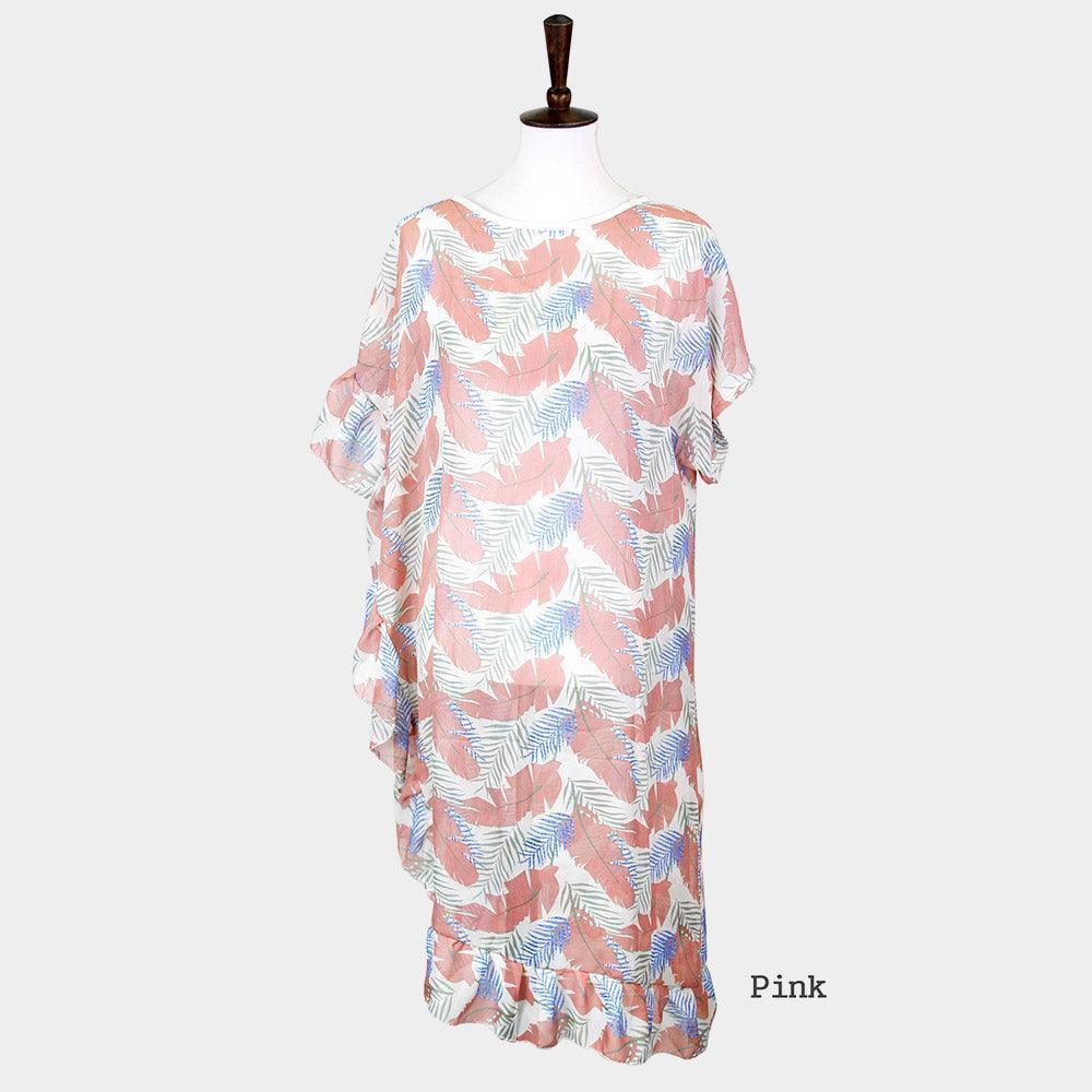 Pink Tropical Leaf and Feather Half Ruffled Cover Up Poncho - Jewelry Store by Erik Rayo