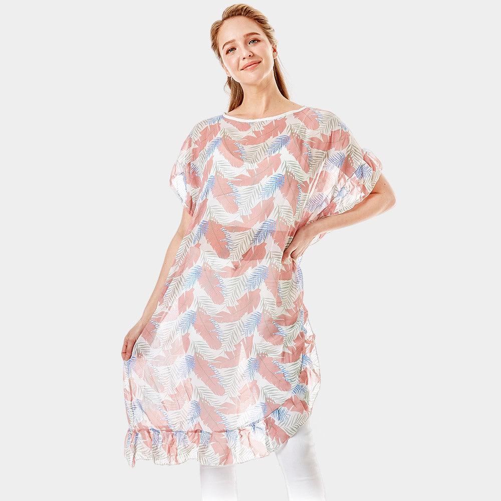 Pink Tropical Leaf and Feather Half Ruffled Cover Up Poncho - Jewelry Store by Erik Rayo
