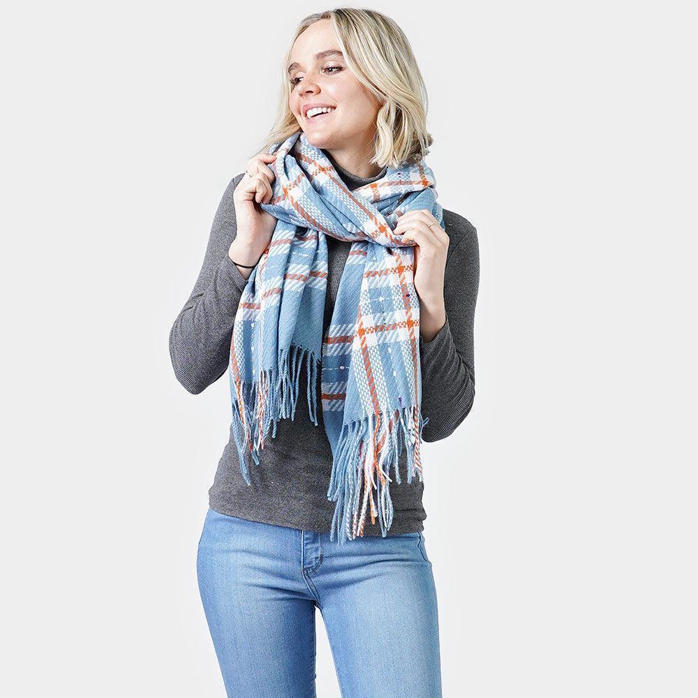 Blue Plaid Check Oblong Scarf With Tassel - Jewelry Store by Erik Rayo