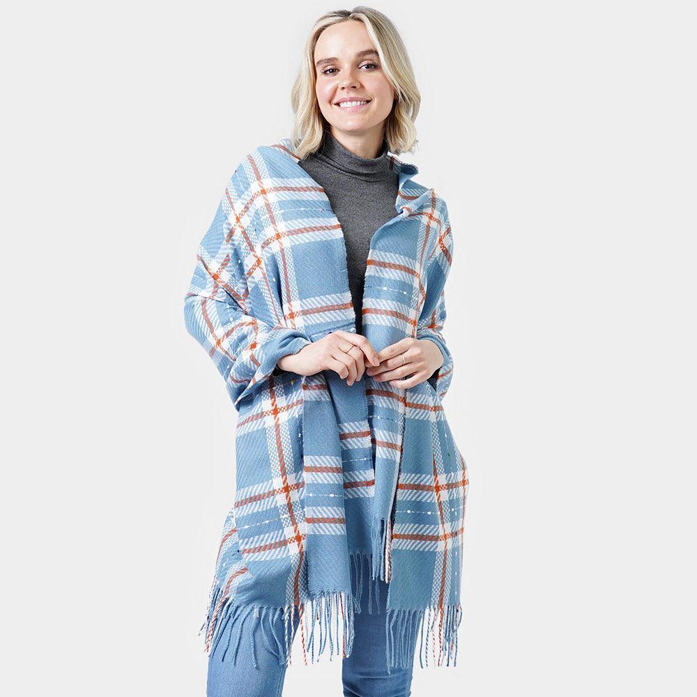 Blue Plaid Check Oblong Scarf With Tassel - Jewelry Store by Erik Rayo