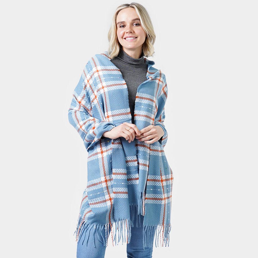 Blue Plaid Check Oblong Scarf With Tassel