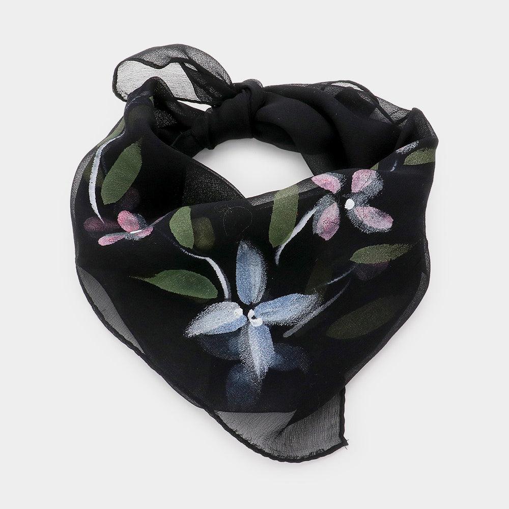 Black Flower Print Square Silk Scarf