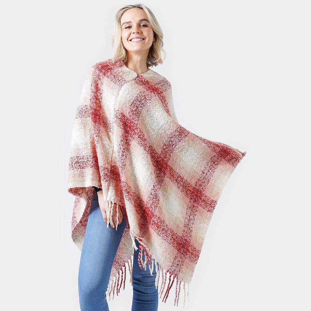 Burgundy Plaid Check Poncho With Tassel - Jewelry Store by Erik Rayo