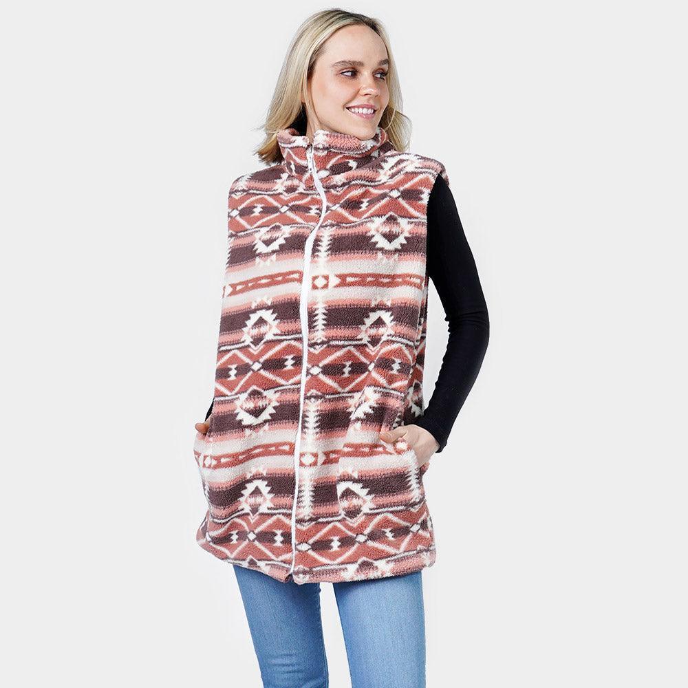 Brown Aztec Patterned Sherpa Fleece Pocket Vest - Jewelry Store by Erik Rayo