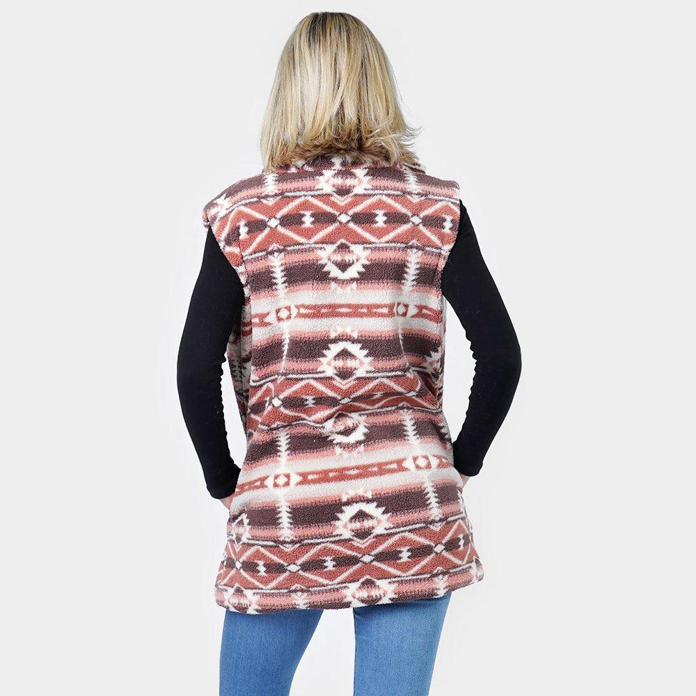 Brown Aztec Patterned Sherpa Fleece Pocket Vest - Jewelry Store by Erik Rayo