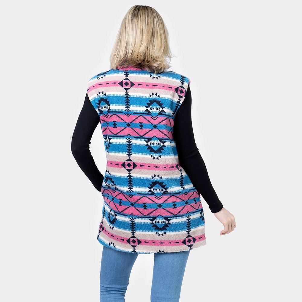 Blue Aztec Patterned Sherpa Fleece Pocket Vest - Jewelry Store by Erik Rayo