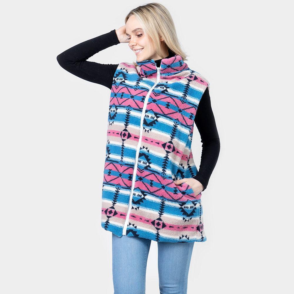 Blue Aztec Patterned Sherpa Fleece Pocket Vest - Jewelry Store by Erik Rayo