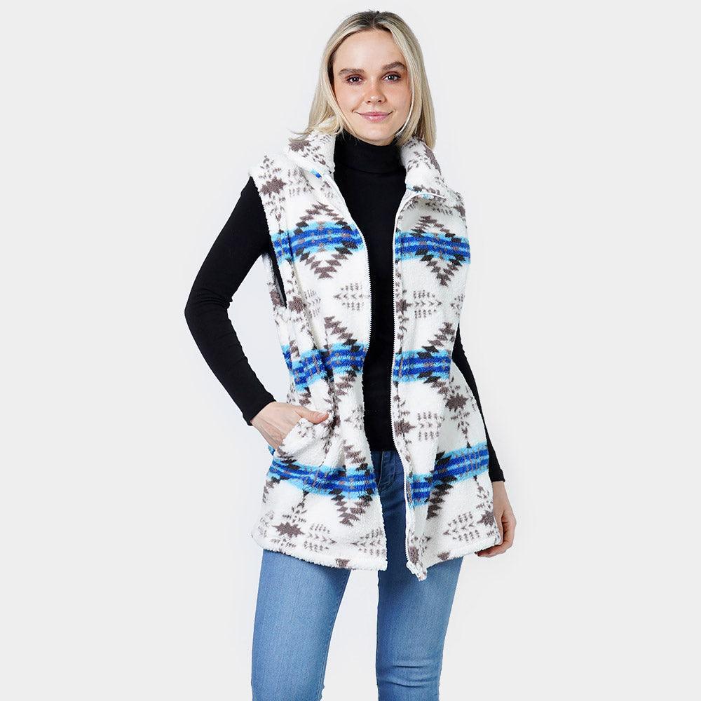 White Aztec Patterned Sherpa Fleece Pocket Vest - Jewelry Store by Erik Rayo