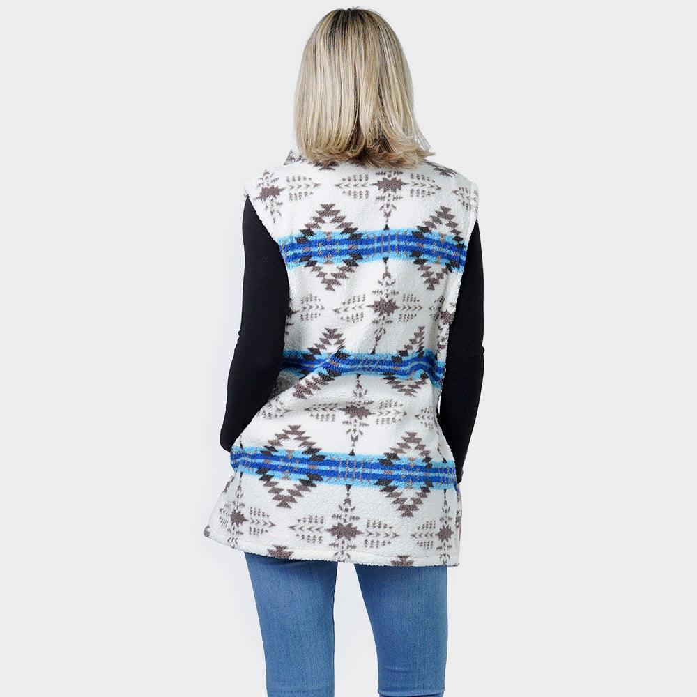 White Aztec Patterned Sherpa Fleece Pocket Vest - Jewelry Store by Erik Rayo