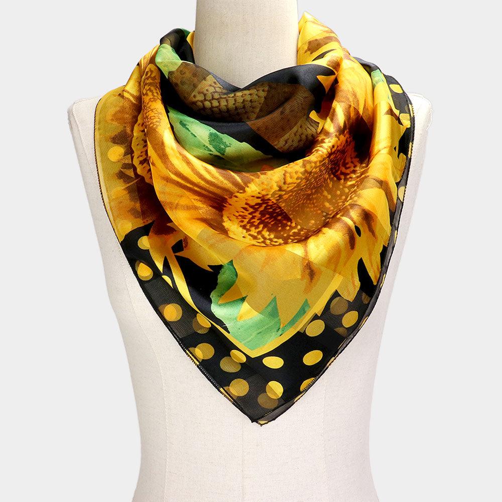 Black Silk Feel Sunflower Print Square Scarf