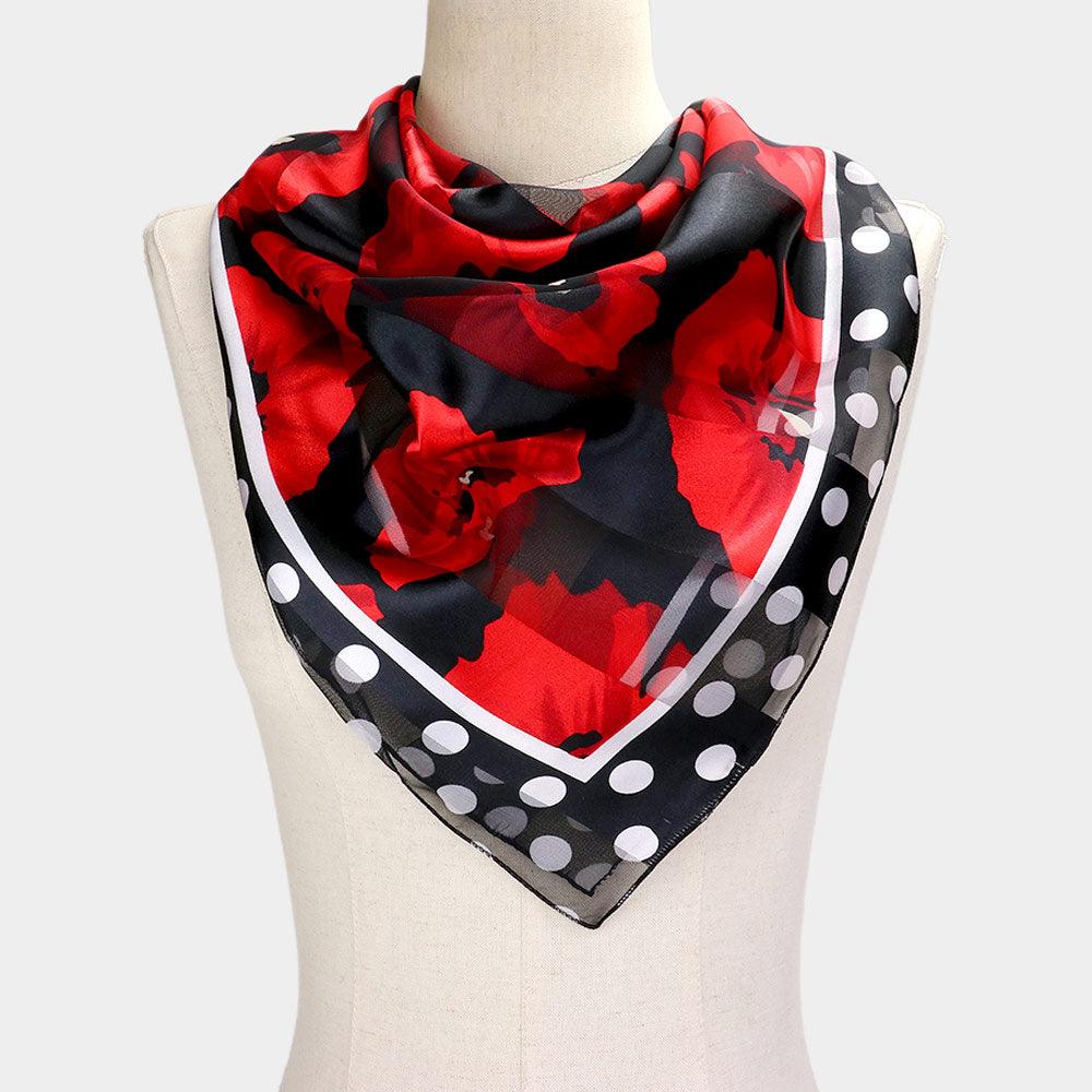 Red Silk Feel Flower Print Square Scarf