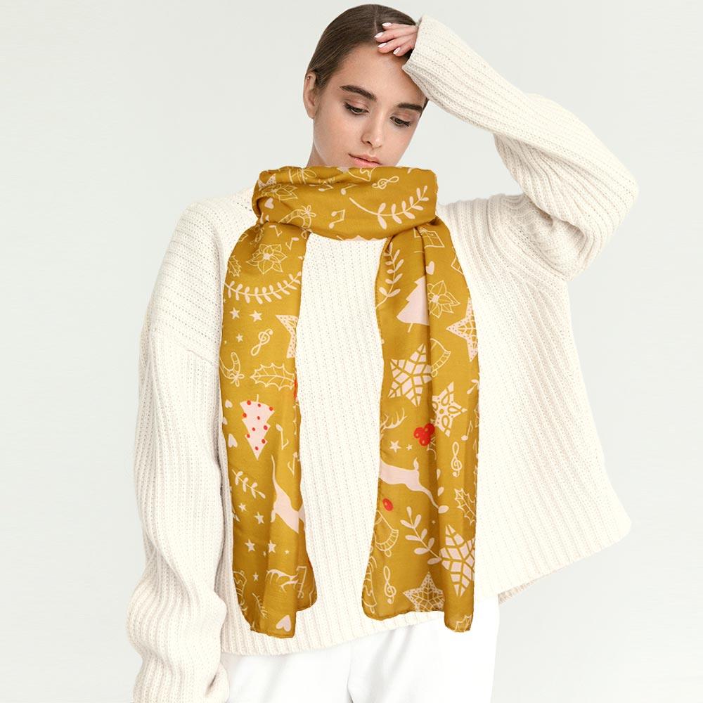 Gold Christmas Theme Printed Holiday Scarf