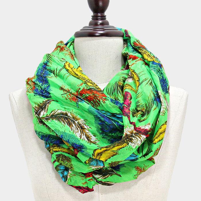 Green Colorful feather print infinity scarf