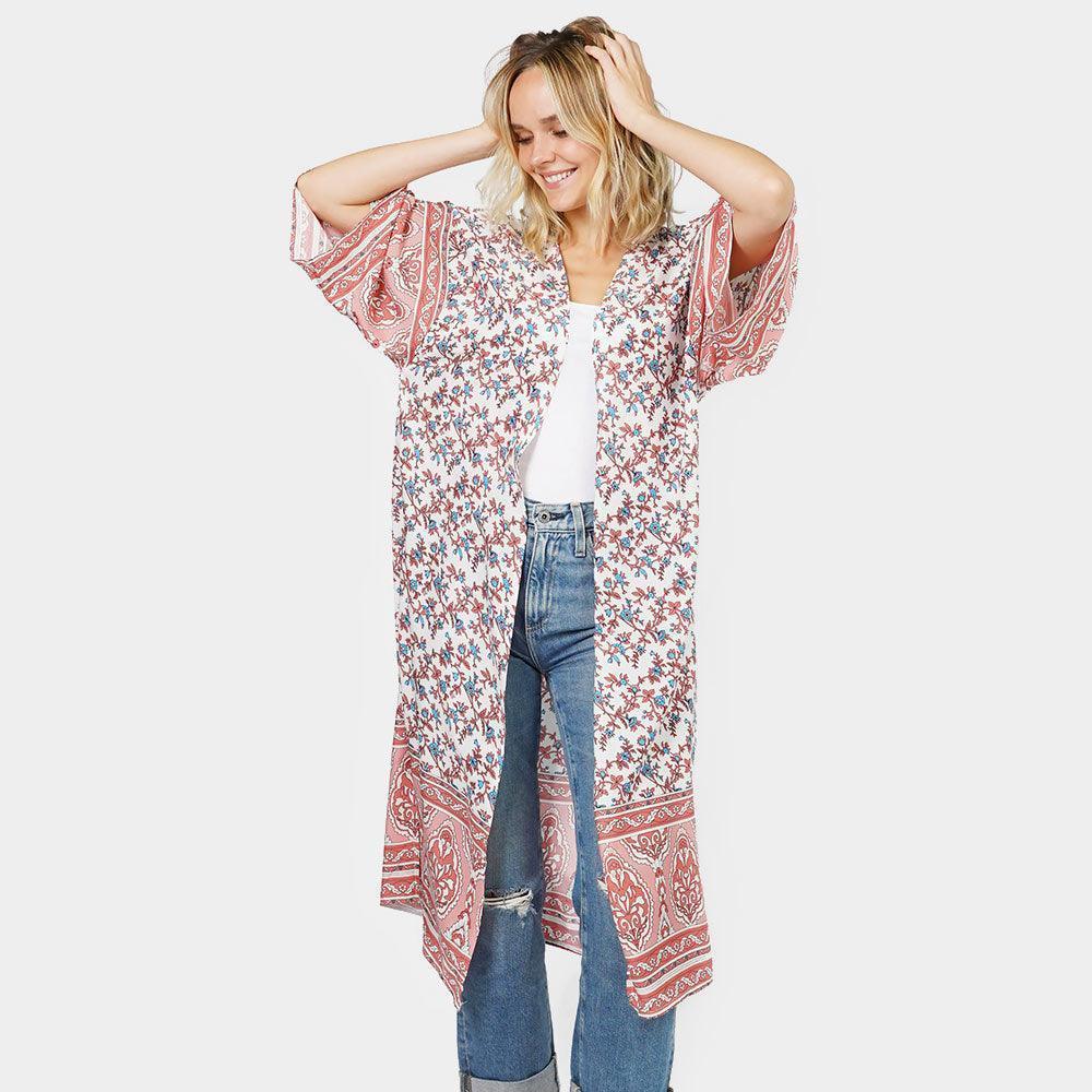 Pink Floral Patterned Cover Up Kimono Poncho - Jewelry Store by Erik Rayo