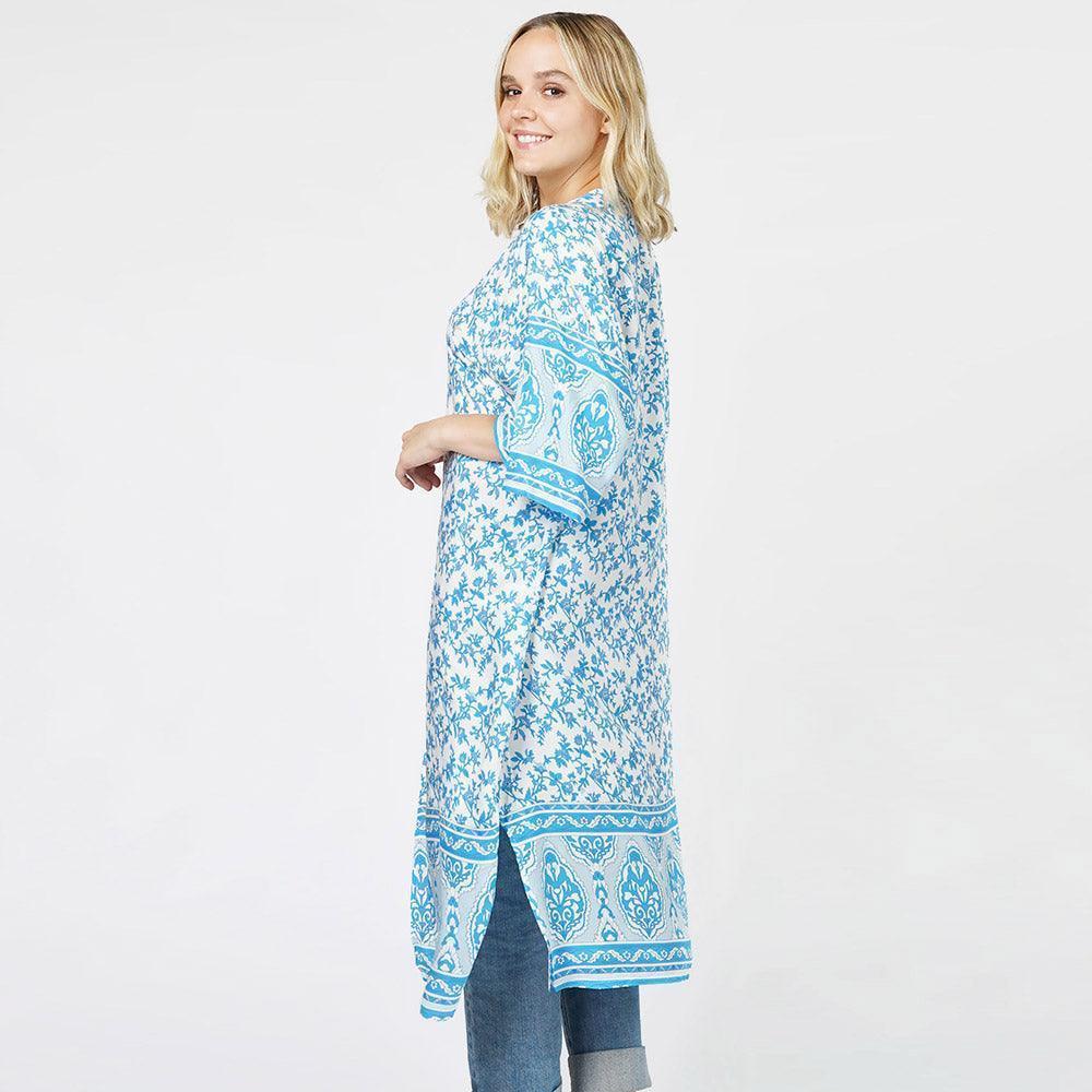 Turquoise Floral Patterned Cover Up Kimono Poncho - Jewelry Store by Erik Rayo