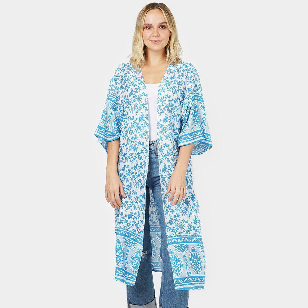 Turquoise Floral Patterned Cover Up Kimono Poncho - Jewelry Store by Erik Rayo