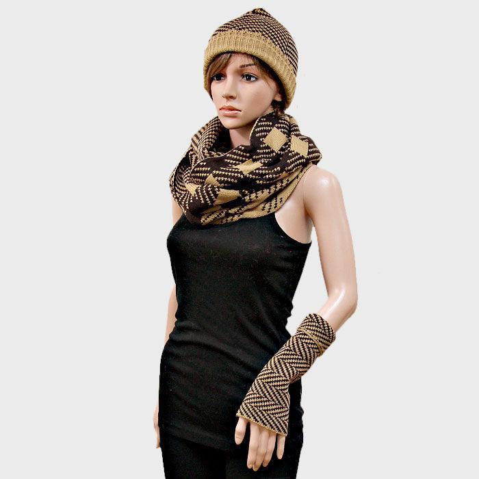 Khaki Plaid Chevron Infinity Scarf Glove and Hat 3 PCS Set - Jewelry Store by Erik Rayo
