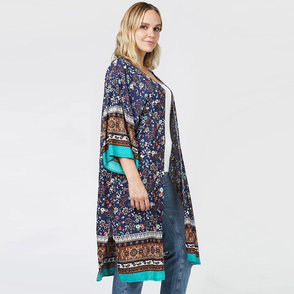 Navy Floral Patterned Cover Up Kimono Poncho - Jewelry Store by Erik Rayo
