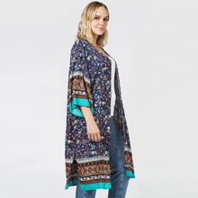 Load image into Gallery viewer, Navy Floral Patterned Cover Up Kimono Poncho
