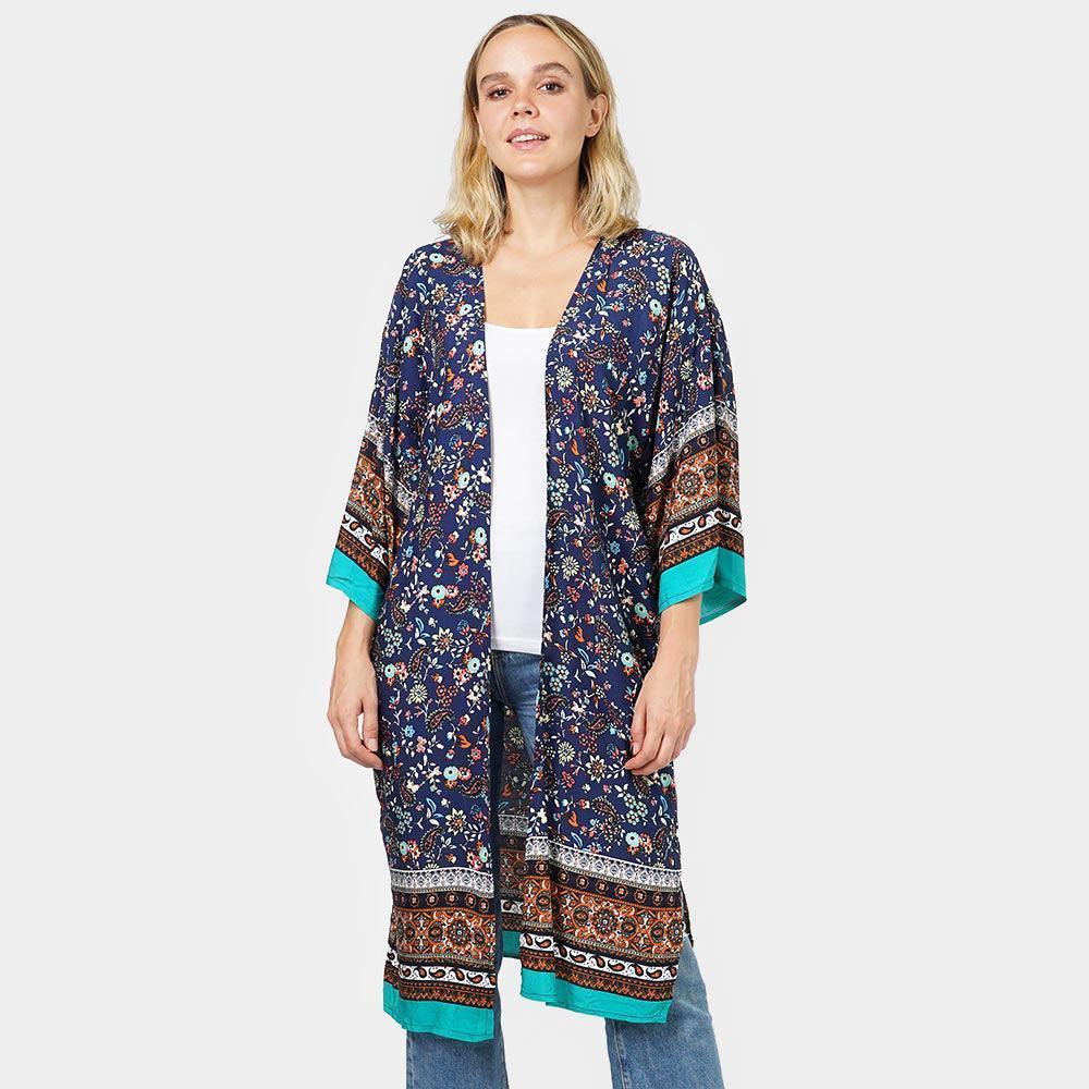 Navy Floral Patterned Cover Up Kimono Poncho