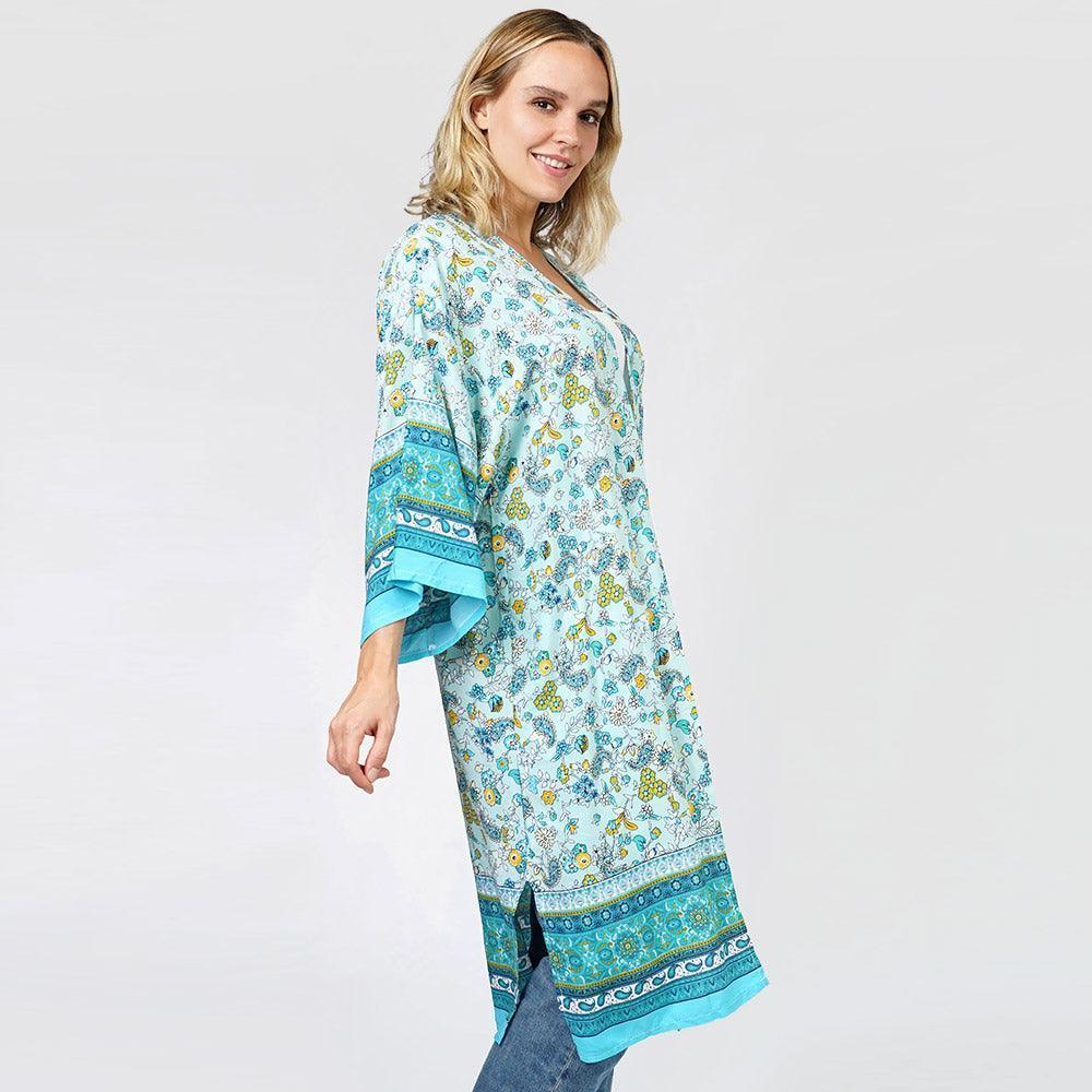 Turquoise Floral Patterned Cover Up Kimono Poncho - Jewelry Store by Erik Rayo