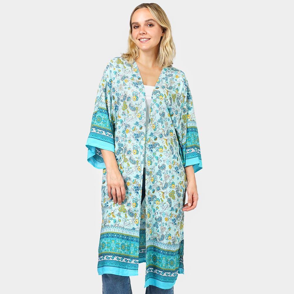 Turquoise Floral Patterned Cover Up Kimono Poncho - Jewelry Store by Erik Rayo