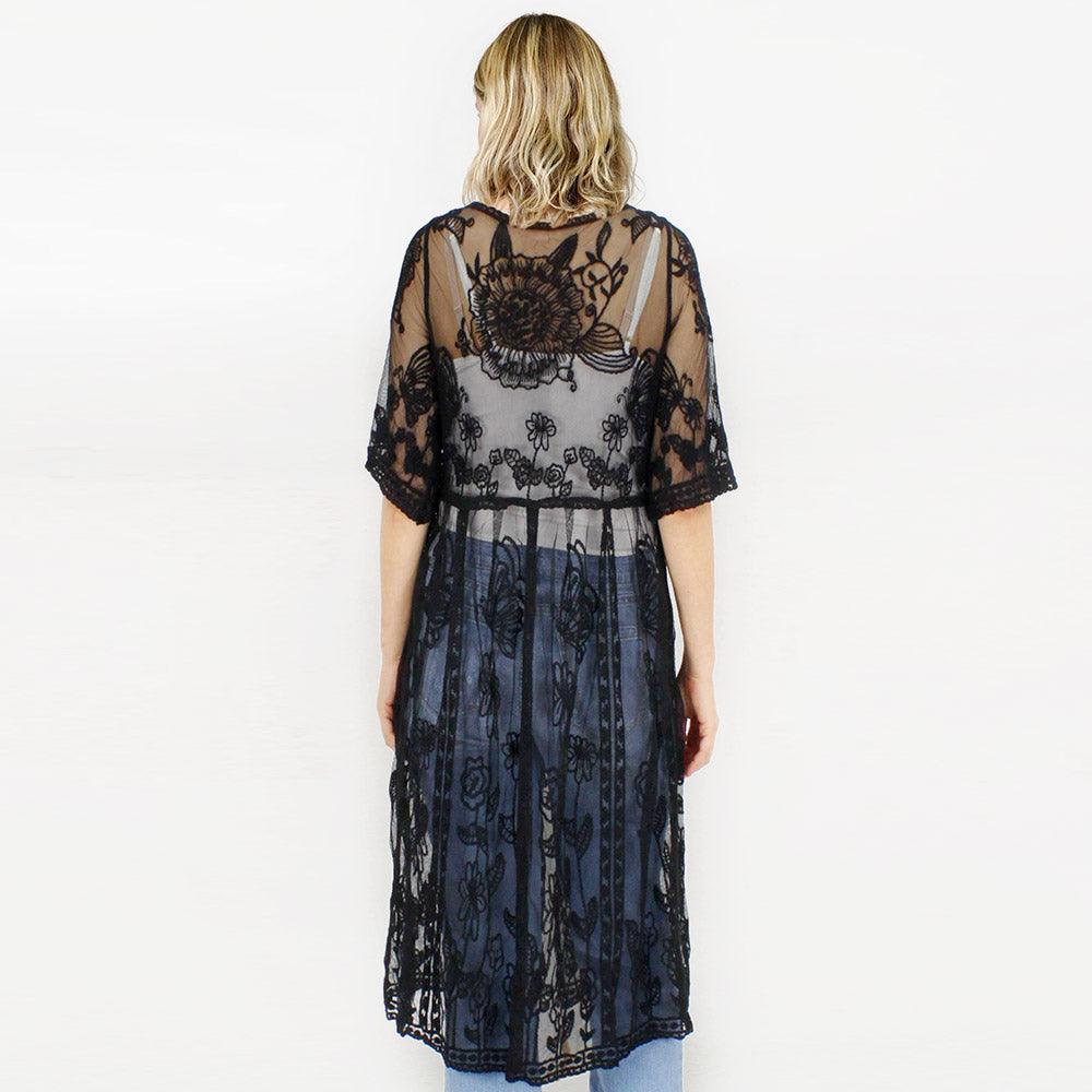 Black Flower Vintage Lace Long Cover Up Kimono Poncho - Jewelry Store by Erik Rayo