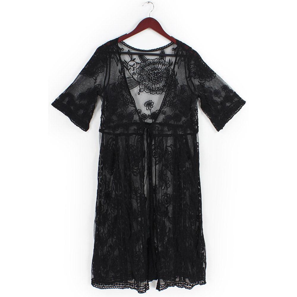 Black Flower Vintage Lace Long Cover Up Kimono Poncho - Jewelry Store by Erik Rayo