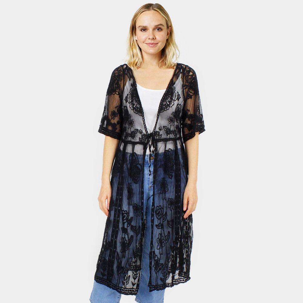 Black Flower Vintage Lace Long Cover Up Kimono Poncho - Jewelry Store by Erik Rayo