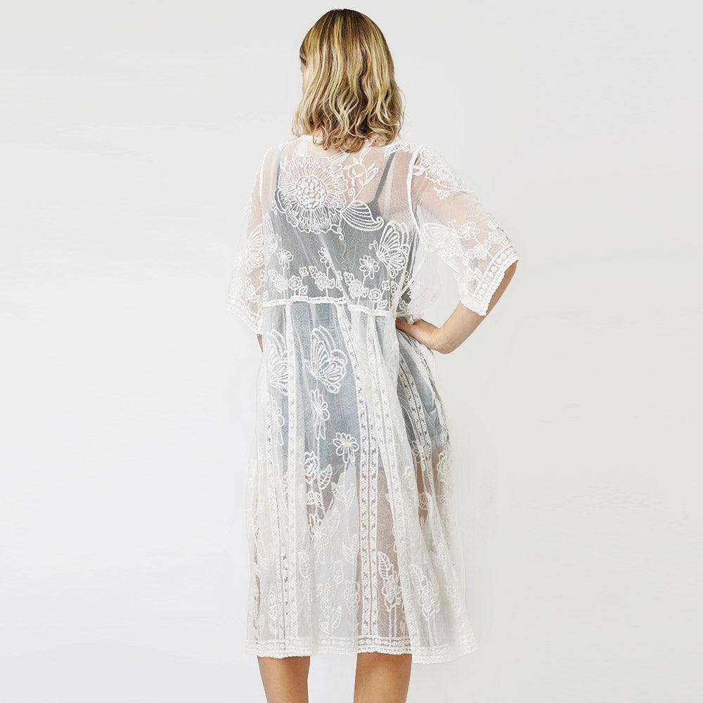 White Flower Vintage Lace Long Cover Up Kimono Poncho - Jewelry Store by Erik Rayo