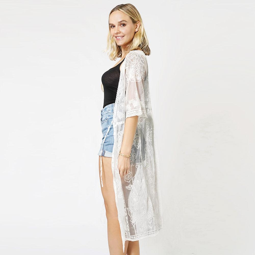 White Flower Vintage Lace Long Cover Up Kimono Poncho - Jewelry Store by Erik Rayo