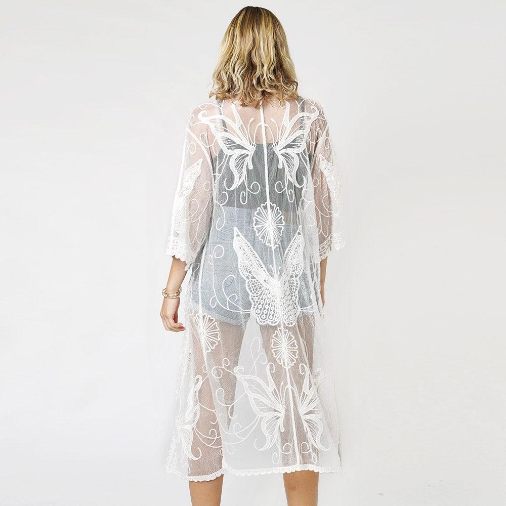 White Butterfly Lace Long Cover Up Kimono Poncho - Jewelry Store by Erik Rayo
