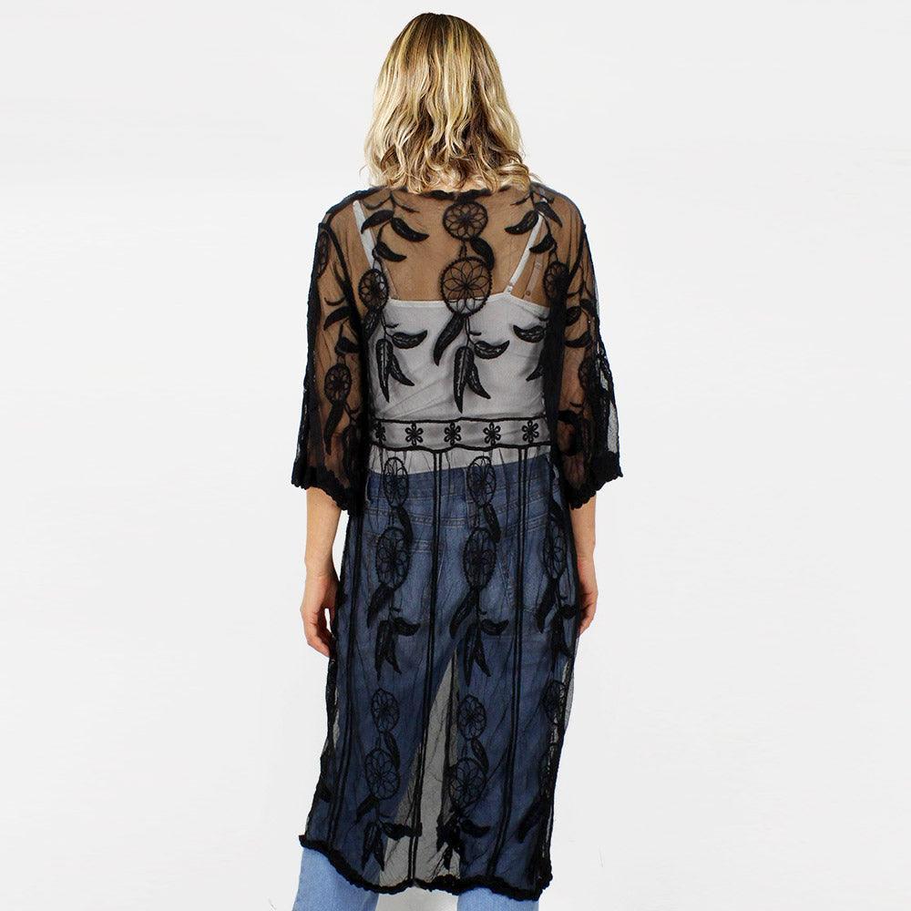 Black Dream Catcher Lace Long Cover Up Kimono Poncho - Jewelry Store by Erik Rayo