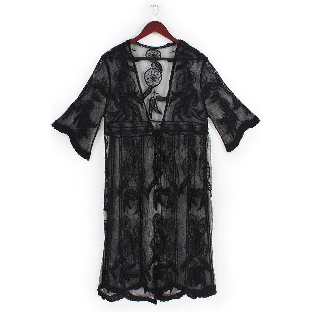 Black Dream Catcher Lace Long Cover Up Kimono Poncho - Jewelry Store by Erik Rayo