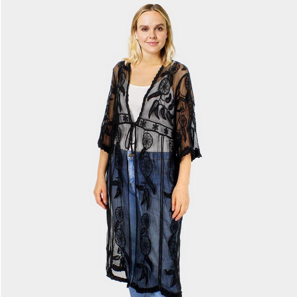 Black Dream Catcher Lace Long Cover Up Kimono Poncho - Jewelry Store by Erik Rayo
