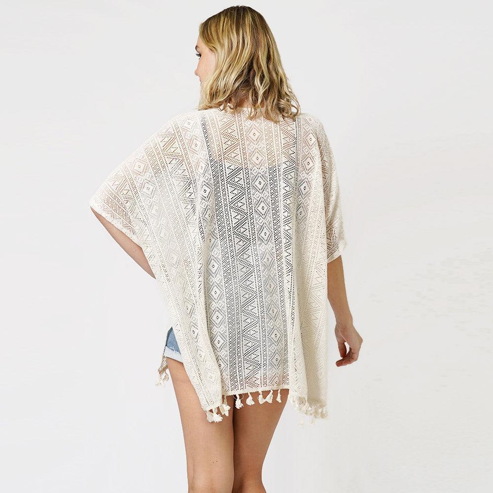Beige Ethnic Patterned Lace Cover Up Kimono Poncho - Jewelry Store by Erik Rayo