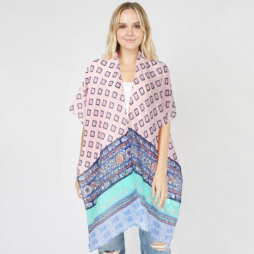 Pink Abstract Patterned Cover Up Kimono Poncho - Jewelry Store by Erik Rayo