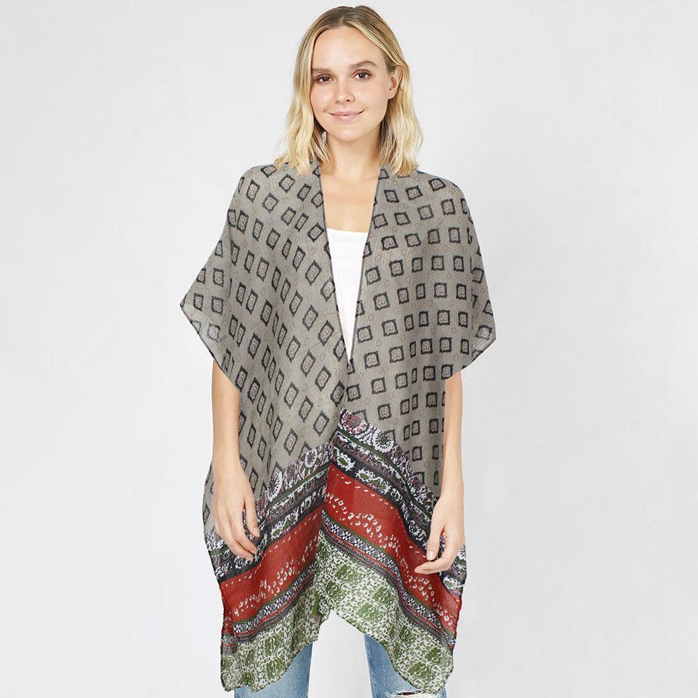 Taupe Abstract Patterned Cover Up Kimono Poncho - Jewelry Store by Erik Rayo