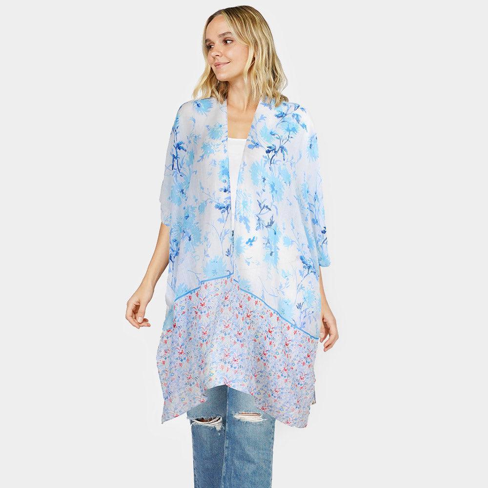 Blue Flower Patterned Cover Up Kimono Poncho - Jewelry Store by Erik Rayo