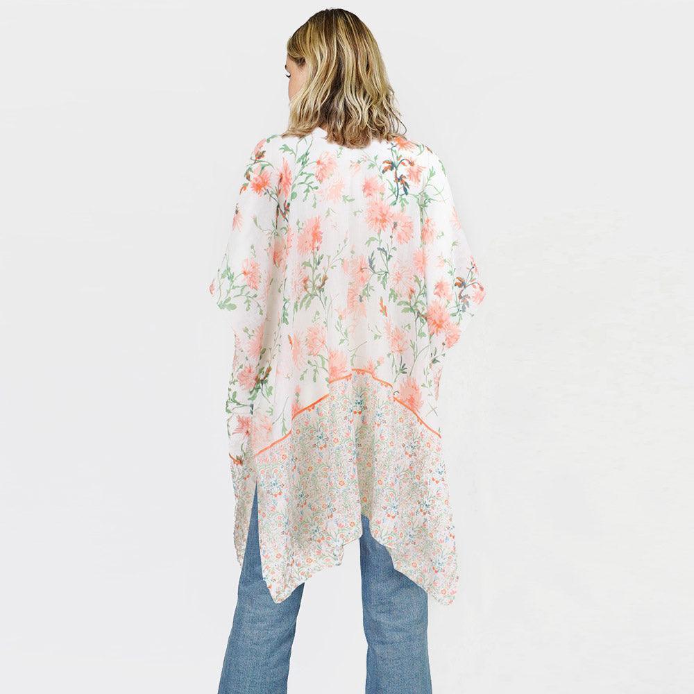 Peach Flower Patterned Cover Up Kimono Poncho - Jewelry Store by Erik Rayo