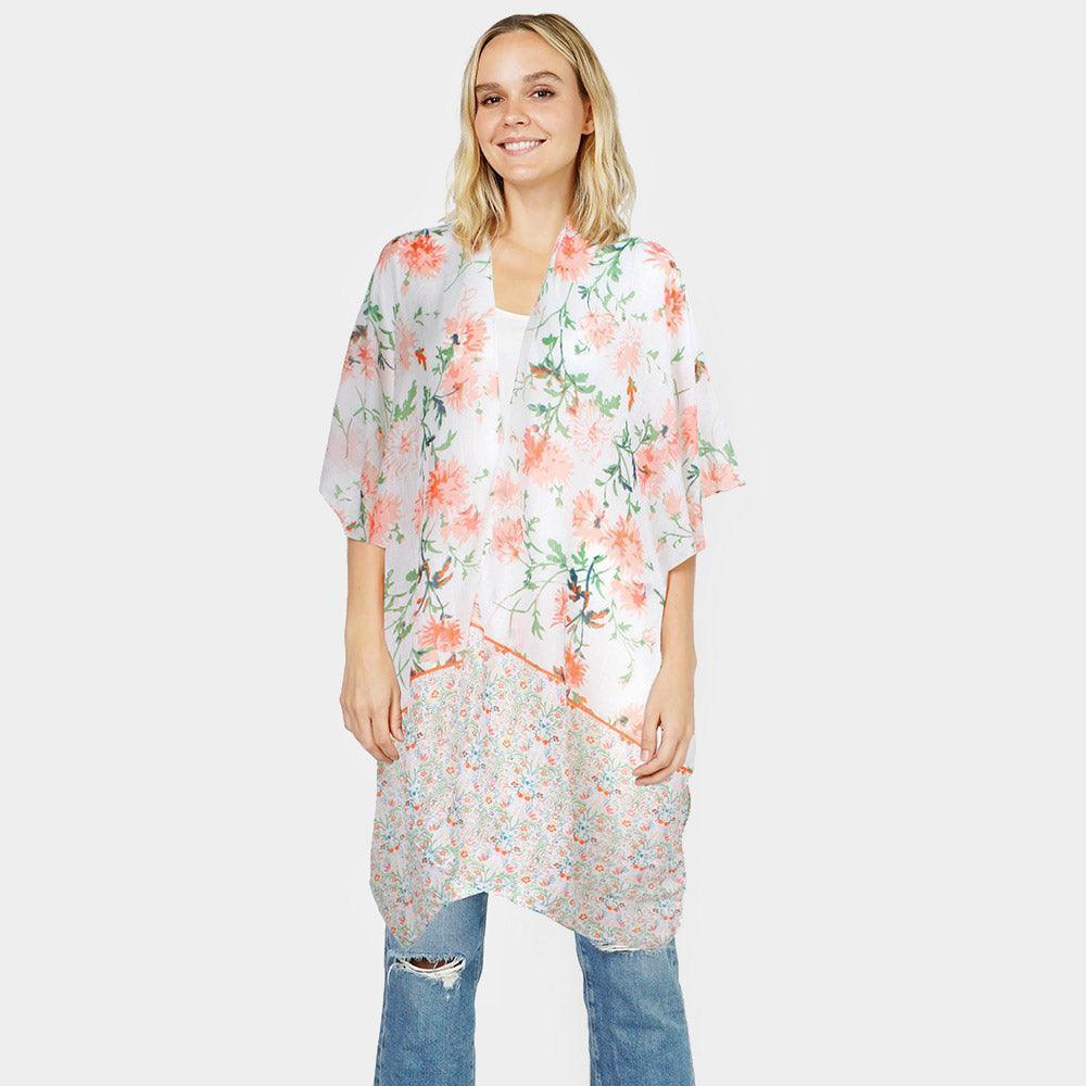 Peach Flower Patterned Cover Up Kimono Poncho - Jewelry Store by Erik Rayo