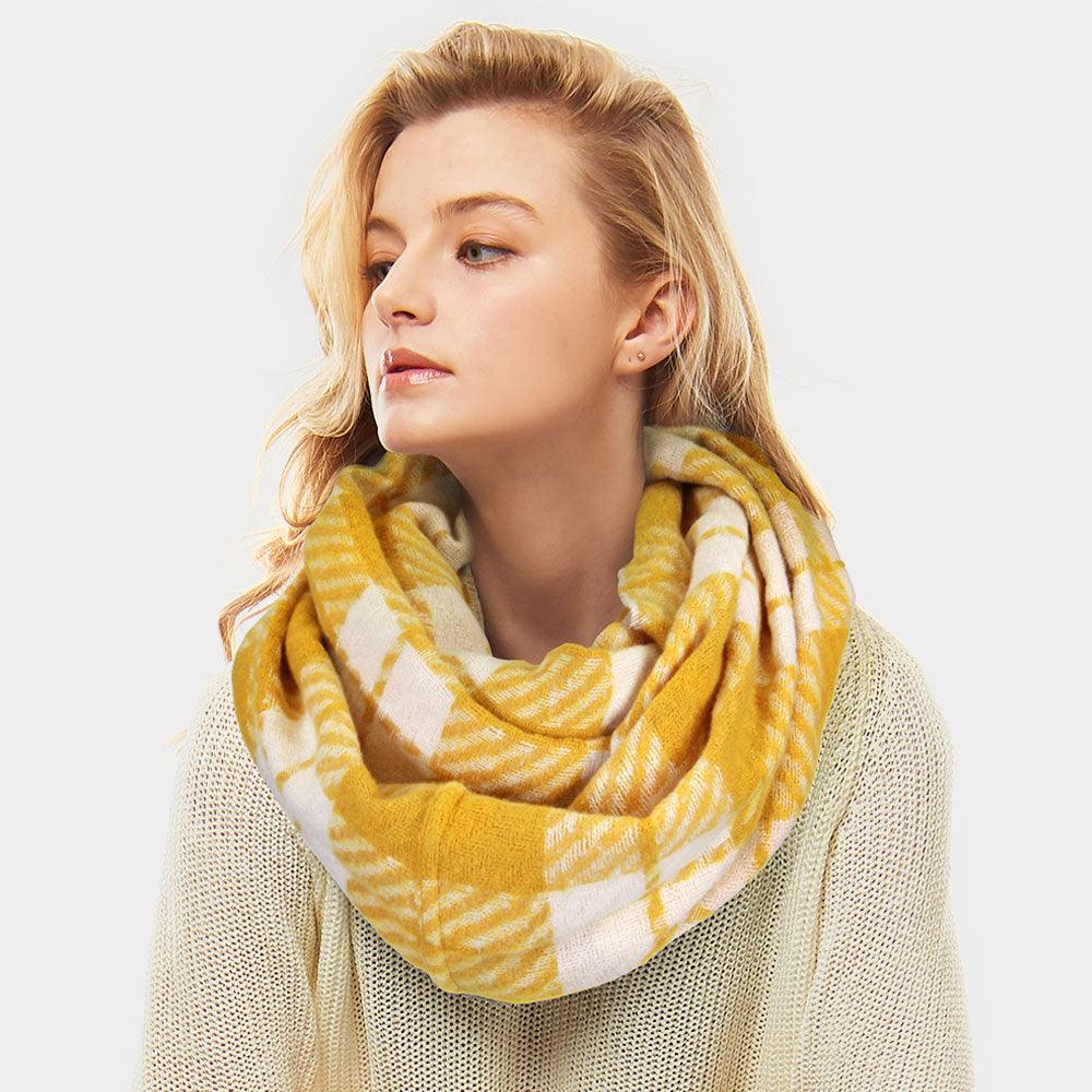 Mustard Plaid Check Infinity Scarf