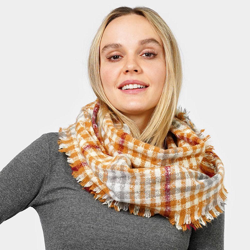 Mustard Plaid Check Patterned Infinity Scarf