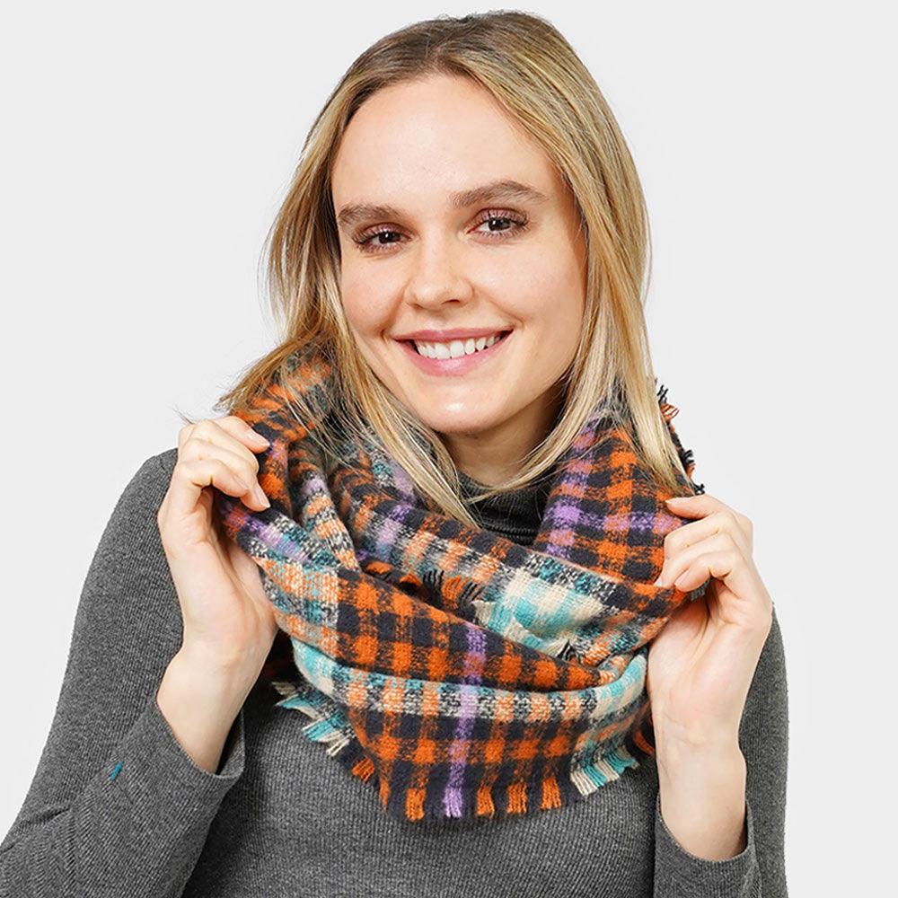 Rust Plaid Check Patterned Infinity Scarf