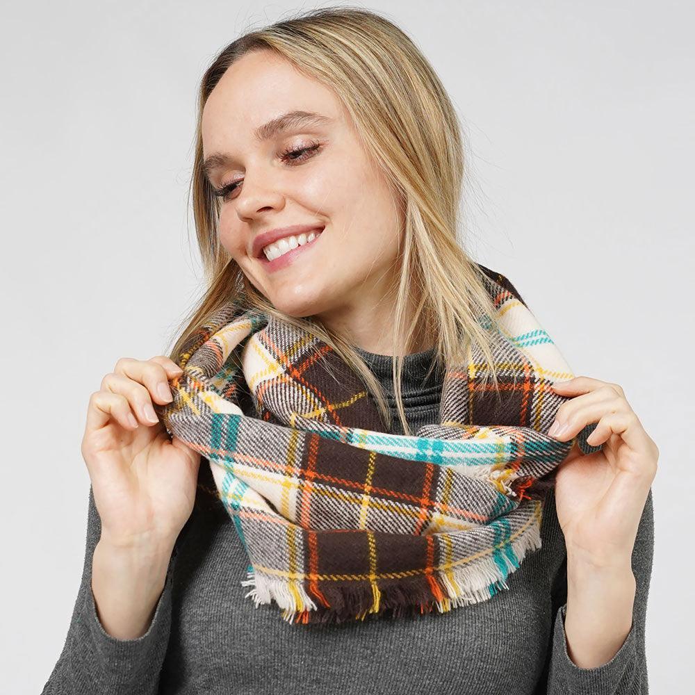 Brown Plaid Check Patterned Infinity Scarf - Jewelry Store by Erik Rayo