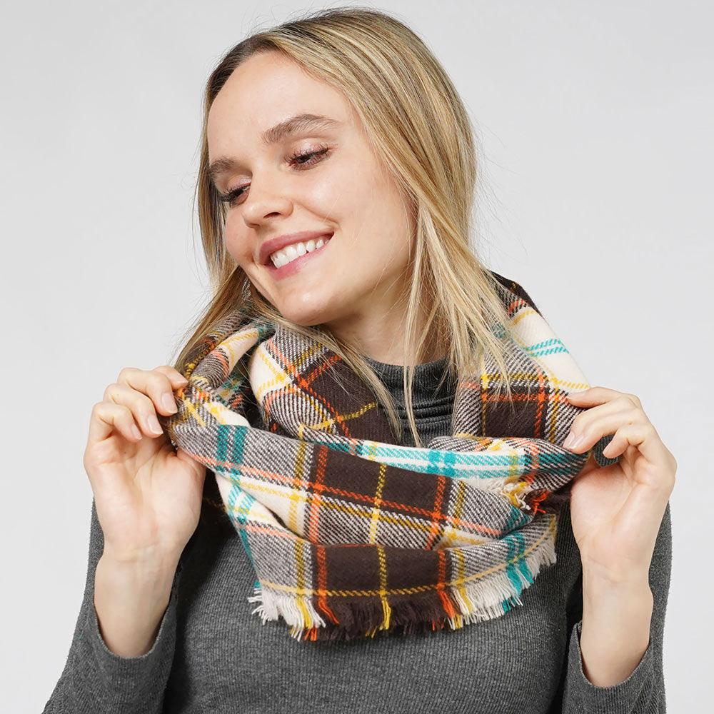 Brown Plaid Check Patterned Infinity Scarf