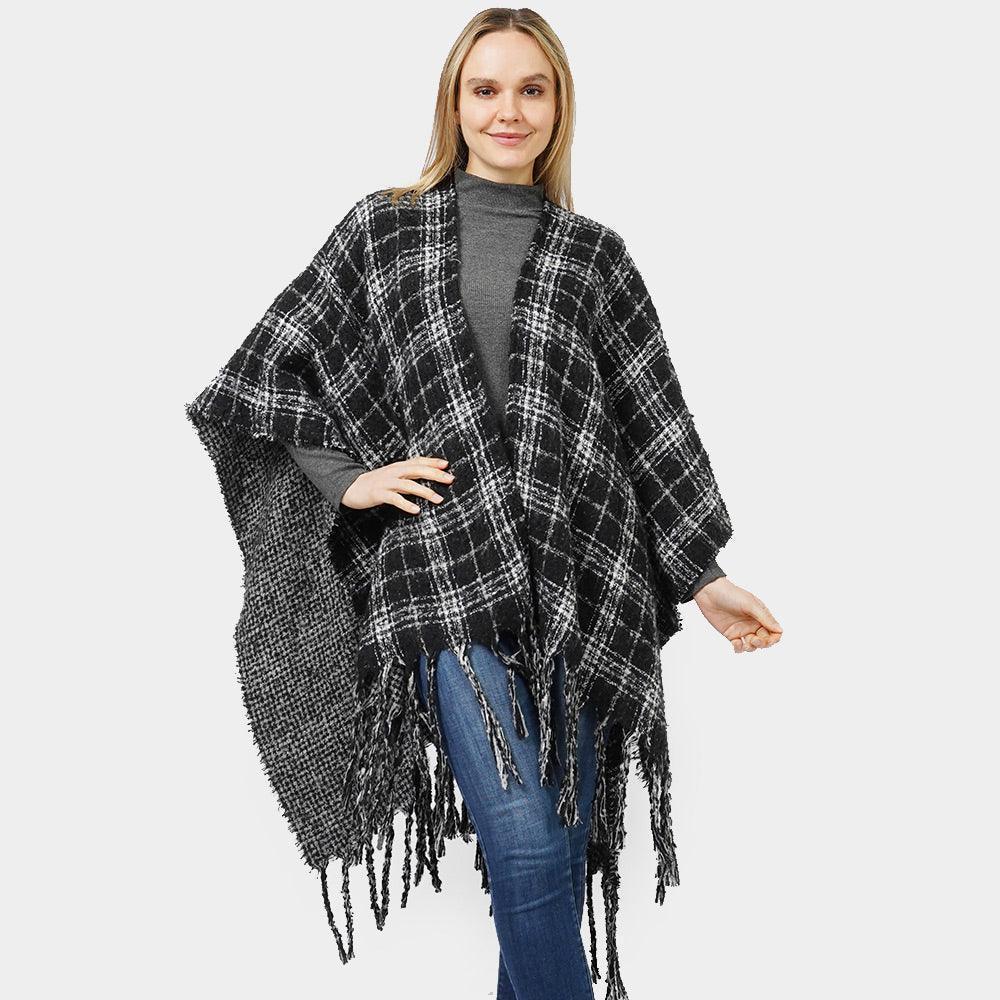 Black Reversible Plaid Check Patterned Cape Poncho - Jewelry Store by Erik Rayo