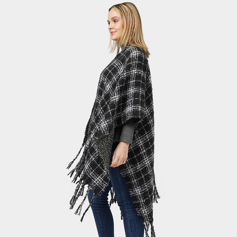 Black Reversible Plaid Check Patterned Cape Poncho - Jewelry Store by Erik Rayo
