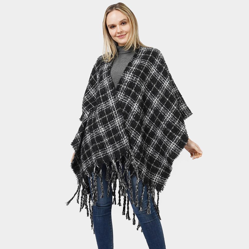 Black Reversible Plaid Check Patterned Cape Poncho - Jewelry Store by Erik Rayo