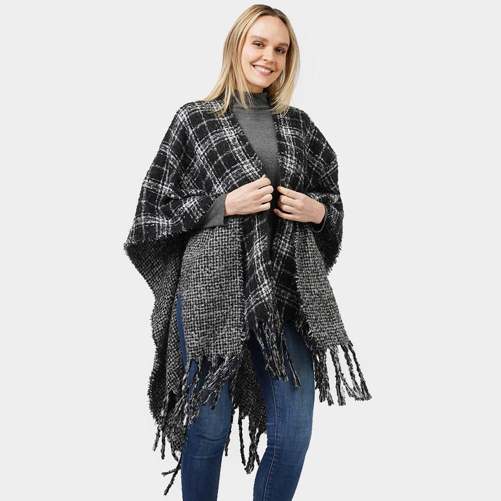 Black Reversible Plaid Check Patterned Cape Poncho - Jewelry Store by Erik Rayo